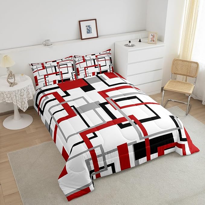 Square Comforter Set,White Black Red Grey Stripes Bedding Set Warm,Geometric Grid Checkred Down Comforter for Kids Boys Girls,Modern Creative Art Quilted Duvet Soft with 2 Pillowcases,Full