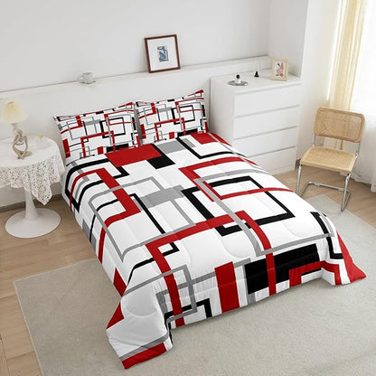 Erosebridal Square Comforter Set,White Black Red Grey Stripes Bedding Set Warm,Geometric Grid Checkred Down Comforter for Kids Boys Girls,Modern Creative Art Quilted Duvet Soft with 1 Pillowcase,Twin