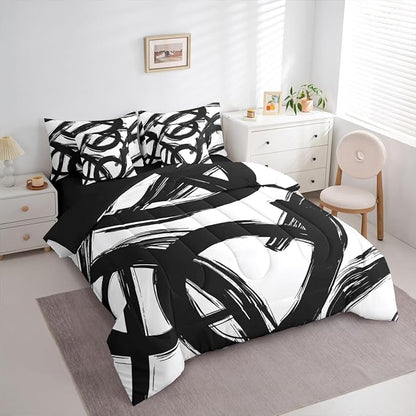 Erosebridal Black White Abstract 7 Piece Comforter Set Queen Bed in A Bag Modern Graffiti Minimalist Line Bedding Set Simple Sketch Cool Unique Geometric Sheet Set Ink Painting Aesthetic Quilt