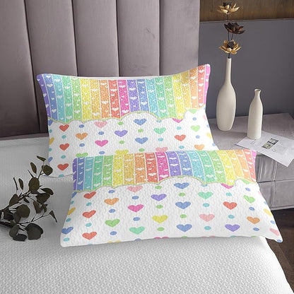 Manfei Cartoon Rainbow Kids Bedspread Queen Size,Wave Points Love Heart Dreamy Style Coverlet Set,Girls Women Room Decor,Colorful Geometric Stripes Quilted Coverlet,Chic Bedding Quilt,2 Pillowcases