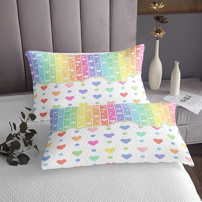 Manfei Cartoon Rainbow Kids Bedspread King Size,Wave Points Love Heart Dreamy Style Coverlet Set,Girls Women Room Decor,Colorful Geometric Stripes Quilted Coverlet,Chic Bedding Quilt,2 Pillowcases