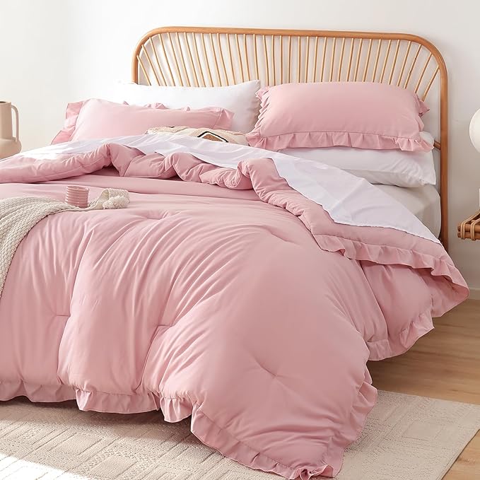 JANZAA King Comforter Set Baby Pink Ruffle Comforter with 2 Pillowcase Soft King Size Bed Set Vintage Farmhouse Bed Comforter Set Fluffy Shabby Chic Bedding for All Season