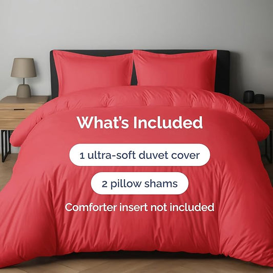 Duvet Cover Cal King Size Set - Extra Soft Cal King Duvet Cover 104" x 98" with 2 Pillow Shams - Hotel Luxury, Easy Care & Fade Free w/ Zipper Closures & Ties - All Season, Comfy & Breathable (Red)