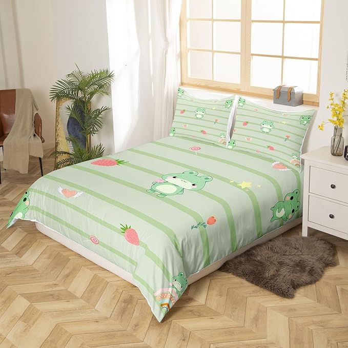Castle Fairy Cute Frog Duvet Cover King Size,Pink Strawberry Sweet Fruits Bedding Set for Teens Adults,Light Green Frogs Stripes Comforter Cover Soft Quilt Cover,No Comforter