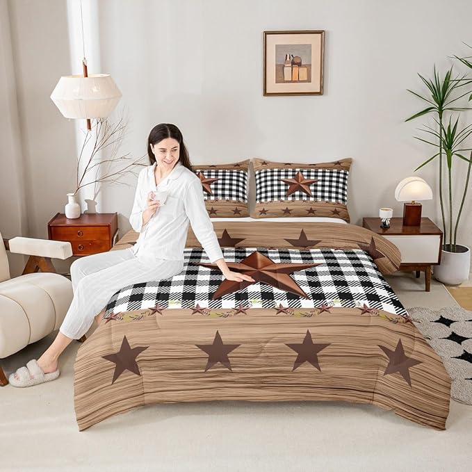 Western Texas Star Comforter Set King, Farmhouse Black Plaid Bedding, Brown Vintage Country Star Bedding Comforter Sets, Retro Rustic Checked Grid Bedroom Decor Wooden Grain Quilt For Kids Boys Girls