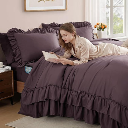 Queen Comforter Set Dark Purple, Ruffle Shabby Chic Bedding Set Farmhouse 7 Pieces, All Season Fluffy Bed in a Bag with Sheets, Pillowcases & Shams