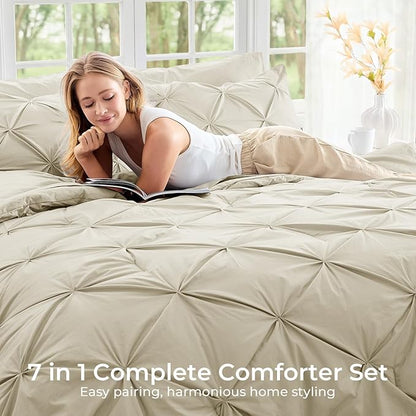 Sasttie King Size Comforter Set, 7-Piece Bed in a Bag, Pintuck Bedding Set for All Season, Includes Comforter, Flat Sheet, Fitted Sheet, Pillowcases and Pillowshams, Linen