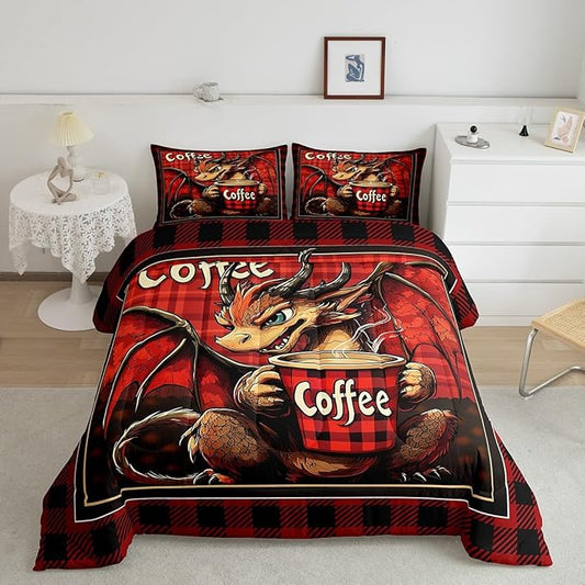 Feelyou Dragon Comforter Set Toddler Size Dragon Stuff Comforter for Boys Girls Teens Coffee Bedding Set Dragon Decor Duvet Set Room Decor Red Brown Quilt Set