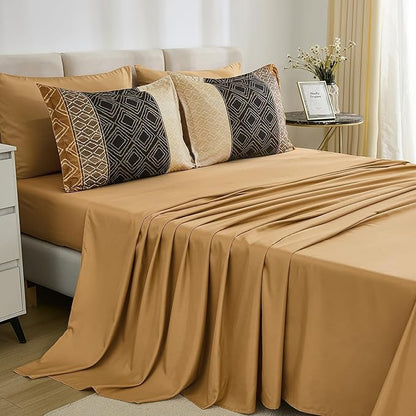 Dinjoy Brown King Size Comforter Set,Striped Bed in a Bag King 7 Pieces Soft Boho Bedding Comforters Sets Microfiber Bed Complete Set with Sheets for Fall Winter