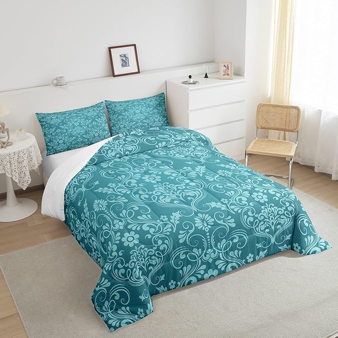 Feelyou Adults Teal Vintage Damask Floral Comforter Set Oriental Antique Comforter Queen Size Gothic Bohemia Boho Flower Bedding Set Bohemian Exotic Duvet Set Quilt Set 3Pcs