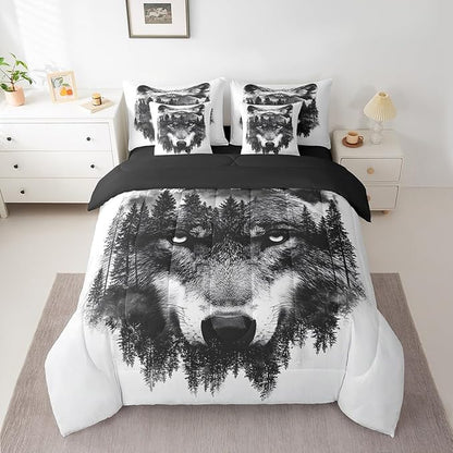 Feelyou Wolf Comforter Set 7 Pieces Full Size Fishing and Hunting Bedding Set for Boys Girls Wildlife Bed in a Bag with Comforter, Sheets, Pillowcases & Cushion Covers