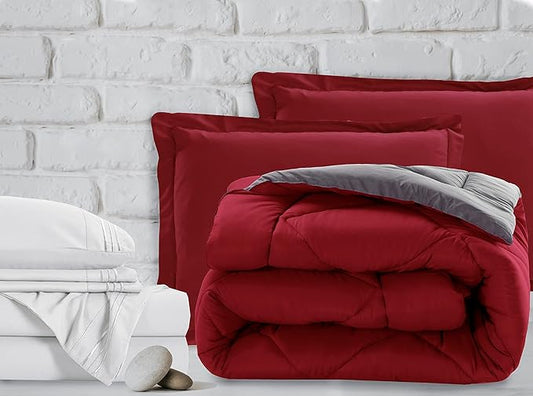 Elegant Comfort 7-Piece Bed-in-a-Bag Comforter & Sheet Set- Luxury 1500 Thread Count 7-Piece Full Size Bed-in-a-Bag, Super Cozy Bed Sheets and Comforter Set, Wrinkle and Stain Resistant, Red/Gray