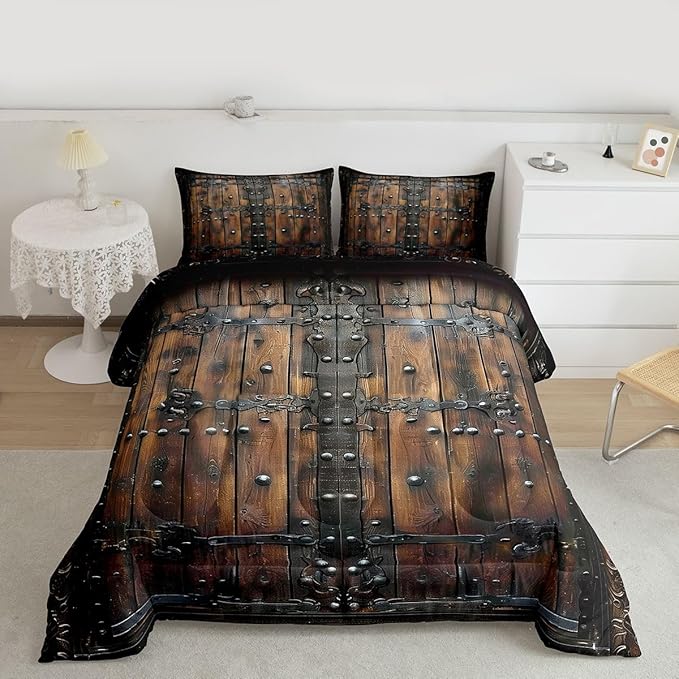 Medieval Themed Comforter Set Toddler Size,Castle Knight Wall Bedding Set for Kids Teens Bedroom,Retro Wooden Board Down Comforter,2 Pcs 1 Pillowcase