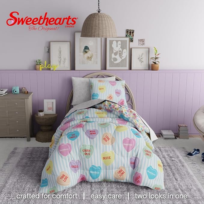 Sweethearts Original Candy Hearts Bedding 5 Piece Twin Bed Set, Soft Cozy Nostalgia Reversible Comforter and Sheet Set with Sham, Officially Licensed Product by Franco