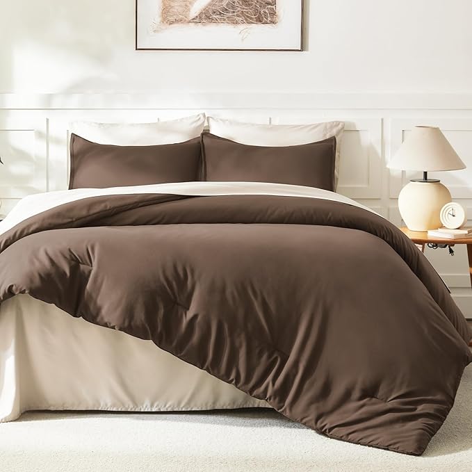 Litanika Comforters Brown Oversized King Size, 3 Pieces Lightweight Solid Bedding Set & Collections, All Season Fluffy Bed Set (120x98In Comforter & 2 Pillowcases)