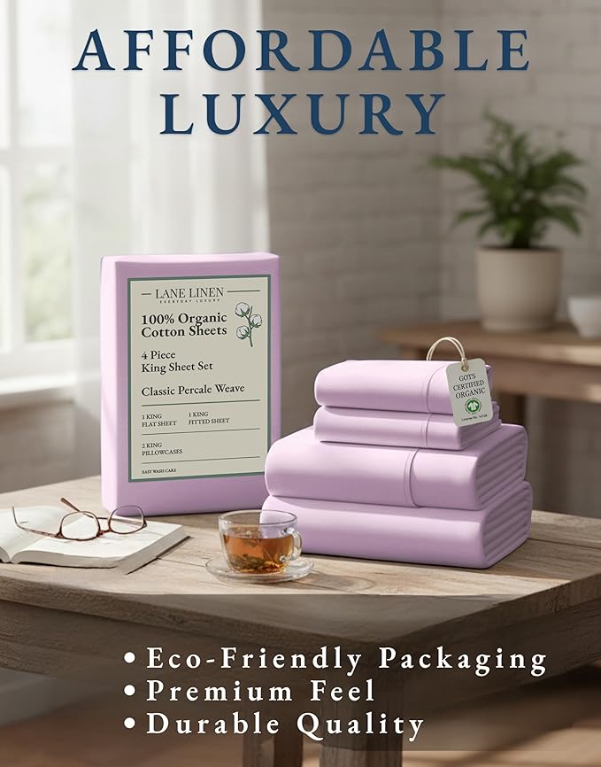 LANE LINEN 100% Organic Cotton Fully Elasticized King Sheet Set, Low Pilling Fade Resistant Machine Washable Naturally Cooling King Bedding Set, Soft & Comfy Cotton Sheets - Orchid Petal