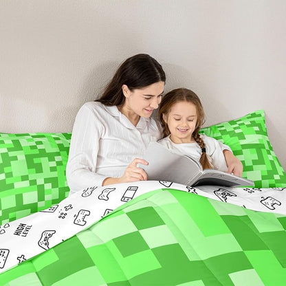 Pixelated Miners Game Kids Bedding Set King Size,Video Games Gamepad Gaming Comforter Set,Geometric Square Quilt Comforter,Light Green Bedroom Duvet Insert,2 Pillowcases