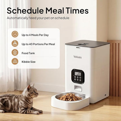 VOLUAS Automatic Cat Feeder, 4L Timed Dry Food Dispenser for Cats & Dogs | Programmable Portion Control, Up to 4 Meals Daily, Dual Power Supply, Power-Off Memory, 10-Second Voice Recorder