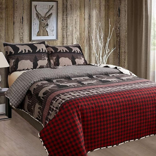 Ycosy Moose Bear Quilt Set Twin Size Plaid Bedding Red Black Patchwork Rustic Quilts Reversible Lodge Bear Bedspread Geometric Cabin Coverlet Lightweight Bedcover Woodland Decor(68"x 86")