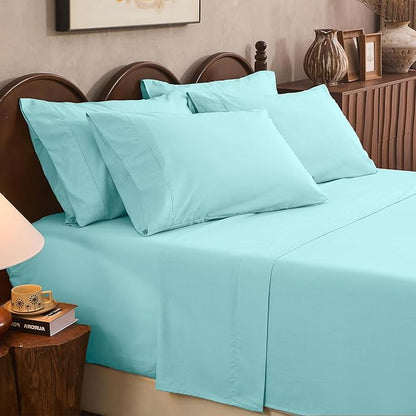 100% Linen Sheet Set Queen Size Extra Deep Pocket Fits 18-24 Inch Mattress, Breathable & Soft, Smooth 6-Piece Set for Thick Mattresses Hotel Luxury Bedding（Queen, Light Blue）