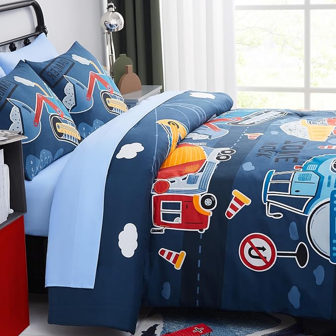 Full Size Comforter Set for Boys-7 Pieces Truck Tractor Excavator Glow in the Dark Full Bedding Sets for Kids, Ultra Soft Bed in A Bag with Sheets