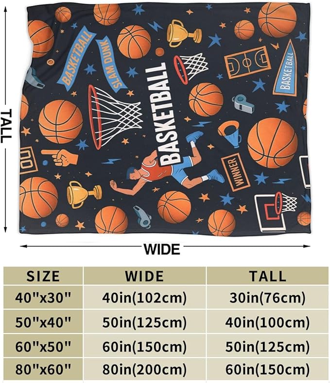 Basketball Blanket Super Soft Warm Fluffy Fleece Flannel Ball Sports Throw Blanket Cozy Fuzzy Plush Stuff Bedding Blankets Gifts for Teens Boys Kids Women Girls Adults 80"X60"