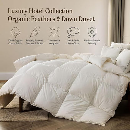 BPC Lightweight Organic Feather Down Comforter Twin Size, Hotel-Luxury Fluffy Duvet Insert with Cotton Cover and Puffy Feather Down Filling, for Summer/Hot Sleepers, Ivory White, 68x90 Inches