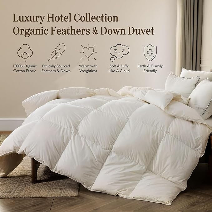 BPC Organic Feather Down Comforter Oversized Queen, Hotel-Luxury Fluffy Duvet Insert with 100% Cotton Cover and Puffy Feather Down Filling for All-Season, Ivory White, 98x98 Inches