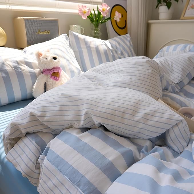 Blue Striped Queen Duvet Cover Boho Soft Comforter Cover Queen Size Reversible Farmhouse Cute College Duvet Cover Set with Hidden Zipper Dorm Bedding for Boys Washed Microfiber Duvet Protector