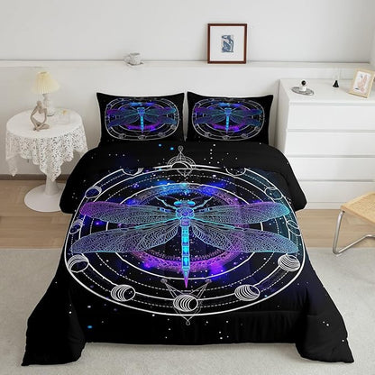 Death Dragonfly Duvet Insert Twin,Gothic Sun Moon Bedding Set for Kids Teens Boys Girls Room Decor,Galaxy Universe Comforter Set Trippy Geometric Quilted Duvet Set with 1 Pillowcase,Black Purple