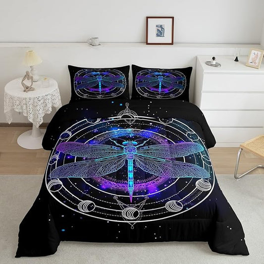 Death Dragonfly Duvet Insert Twin,Gothic Sun Moon Bedding Set for Kids Teens Boys Girls Room Decor,Galaxy Universe Comforter Set Trippy Geometric Quilted Duvet Set with 1 Pillowcase,Black Purple