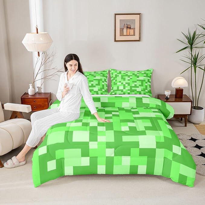 Pixelated Miners Game Kids Bedding Set King Size,Video Games Gamepad Gaming Comforter Set,Geometric Square Quilt Comforter,Light Green Bedroom Duvet Insert,2 Pillowcases