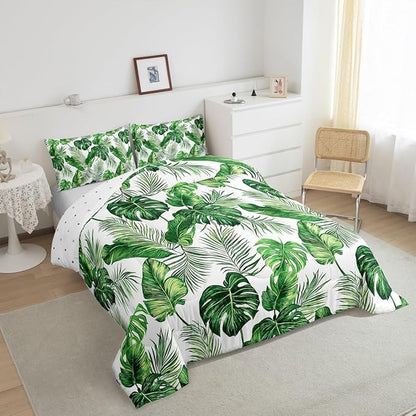 Erosebridal Palm Leaves Comforter Set Hawaiian Bedding Set Monstera Banana Leaves Down Comforter King Size Summer Tropical Leaves Quilt Set Green White Lightweight 3Pcs Bedroom Decor