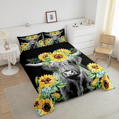 Feelyou Highland Cow Bedding Set Kids Sunflower Floral Western Cow Bull Comforter Set for Girls Teens Farmhouse Wildlife Animal Comforter Black Duvet Set Room Decor Quilt Set Queen Size