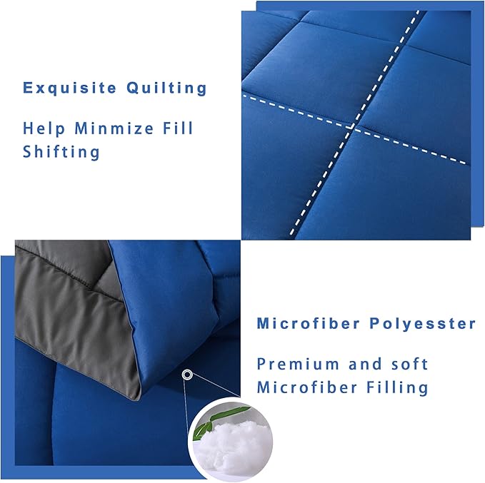 DOWNCOOL King Size Comforter Set -All Season Bedding Comforters Sets with 2 Pillow Cases -3 Pieces Bed Set Down Alternative King Bedding Set -Blue/Grey King Comforter Set(102"x90")