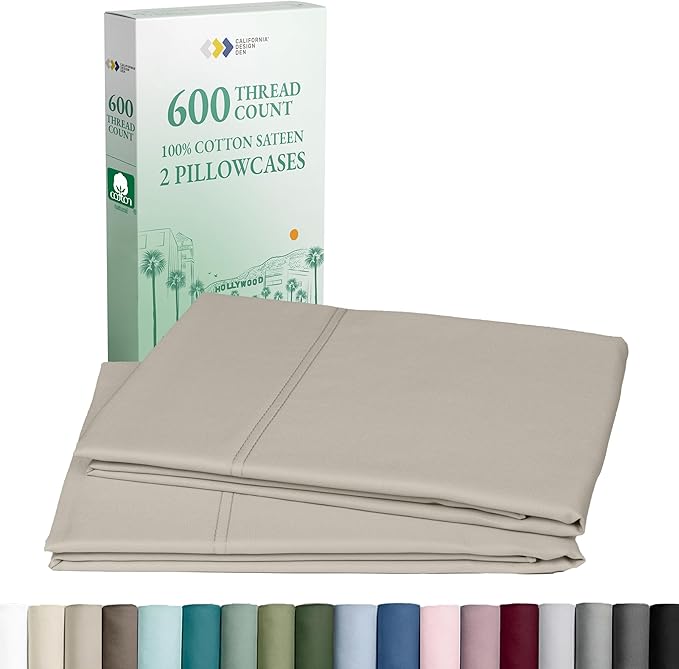 California Design Den Premium King Size Pillowcases Set of 2-600 Thread Count Sateen, Natural 100% Cotton Pillowcases King, Crisp, Durable Bedding - Soft Linen