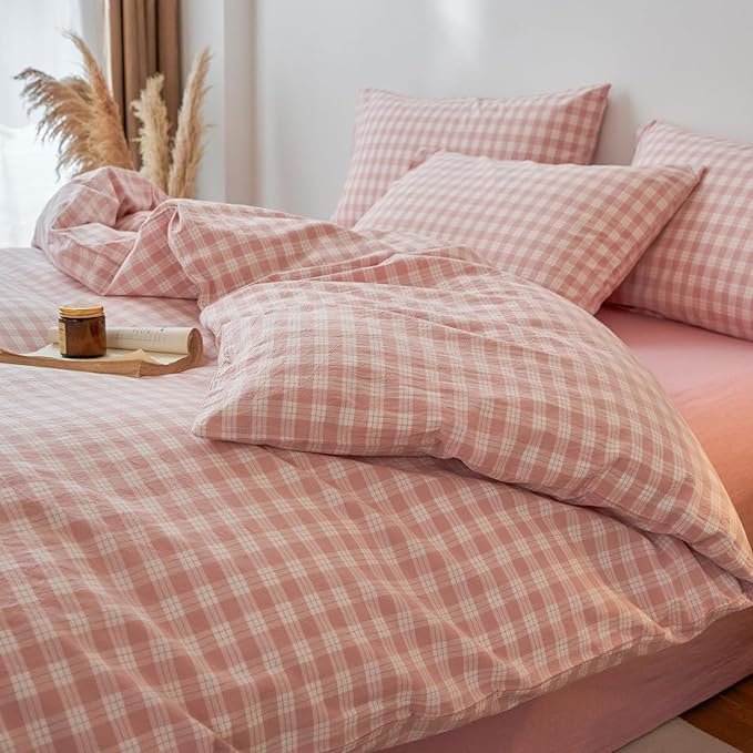 EAVD Vintage Style Gingham Plaid Duvet Cover Full Pink White Soft 100% Washed Cotton Chic Warm Checkered Bedding Set with 2 Pillowcases Farmhouse Grid Gingham Duvet Cover with Zipper Closure