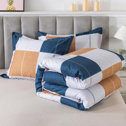Caressma Plaid Checkered Comforter Set Navy Blue and Gray, Fluffy Brown Geometric Grid Buffalo 3 Pieces Comforter Set Queen with Two Matching Pillow Shams
