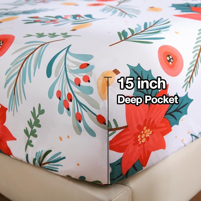 JSD Floral Printed Sheet Set Full Size 4 Piece, Poinsettia Pattern Microfiber Bed Sheets Extra Deep Pocket, Oeko-tex Certified