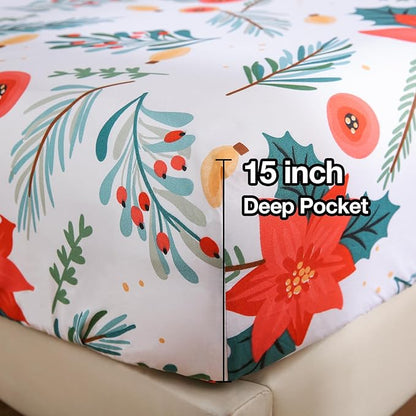 JSD Floral Printed Sheet Set Full Size 4 Piece, Poinsettia Pattern Microfiber Bed Sheets Extra Deep Pocket, Oeko-tex Certified