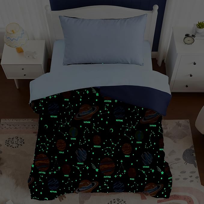 Toddler Bedding Set - 4 Pieces Toddler Comforter Set for Kids Boys, Glow in The Dark Space Bed in A Bag with Sheets