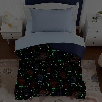 Toddler Bedding Set - 4 Pieces Toddler Comforter Set for Kids Boys, Glow in The Dark Space Bed in A Bag with Sheets