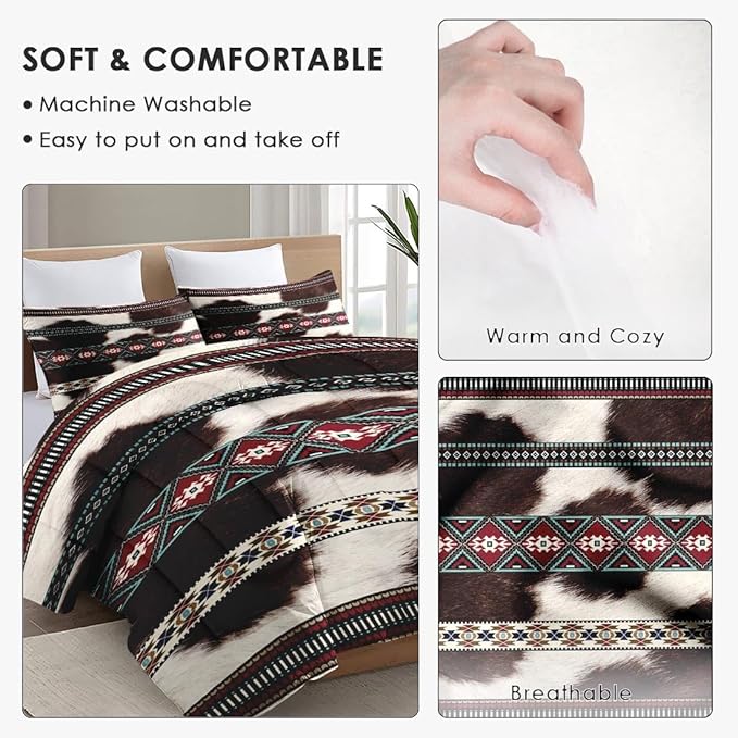 King Size Comforter Set with 2 Pillowcases, Cowhide Cow Print 3 Pcs Bedding for Kids and Adults, Vintage Animal Fur Soft Comforter Set for Bedroom Bed Decor