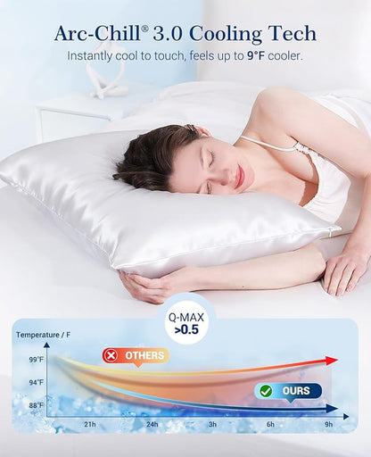 Elegear Cooling Pillow Cases for Hot Sleepers, Upgraded Arc-Chill Cooling Satin Pillowcases Q-max>0.5, Similar to Silk Pillow Cases for Hair & Skin, Luxury Zipper Pillowcase Cover Set of 2-Queen,White
