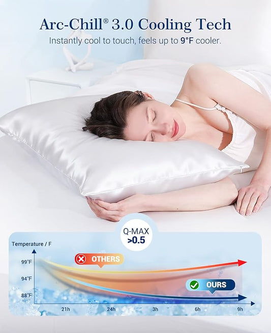 Elegear Cooling Pillow Cases for Hot Sleepers, Upgraded Arc-Chill Cooling Satin Pillowcase Q-max>0.5, Silky Satin Pillowcase for Hair & Skin, Luxury Zipper Pillowcase Cover Set of 2-Standard,White