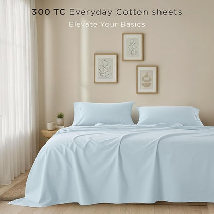 Threadmill Full Size Sheet Set | 100% Cotton Sheets | Solid Sateen Full Bed Sheets Set with 16' Elasticized Deep Pocket | Soft Breathable 4-Piece Cooling Sheet Set | Light Blue