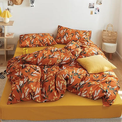Luxlovery Floral Comforter Set King Botanical Orange Bohemian Bedding Comforter Set Women Girls Vintage Style Blanket Quilts Breathable Modern Rustic Leaves Bedding Set Hotel Quality King Comforter