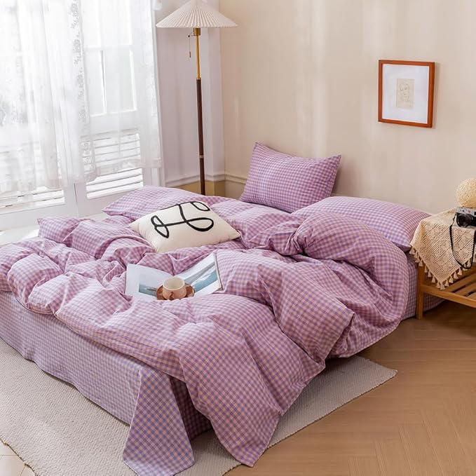 EAVD Purple Gingham Comforter Set King Soft Mini Checkered Plaid Bedding Set with 2 Pillowcases Modern Reversible Gingham Bedding Set for Boy Women Men Farmhouse Plaid Comforter Set for All-Season