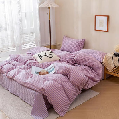 EAVD Purple Gingham Comforter Set Queen Soft Mini Checkered Plaid Bedding Set with 2 Pillowcases Modern Reversible Gingham Bedding Set for Boy Women Men Farmhouse Plaid Comforter Set for All-Season