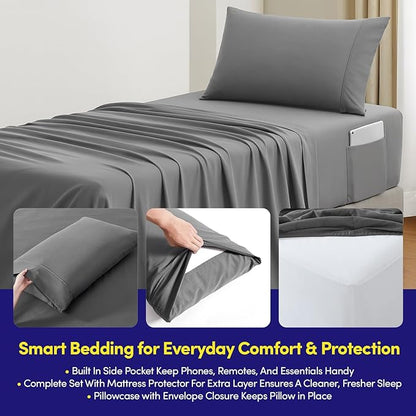 Dorm Room Essentials Twin XL Comforter Set – College-Ready Bundle with Comforter, Mattress Protector & Sheets with Pockets on the Side & Built-in Corner Strap – Media Pocket for Devices